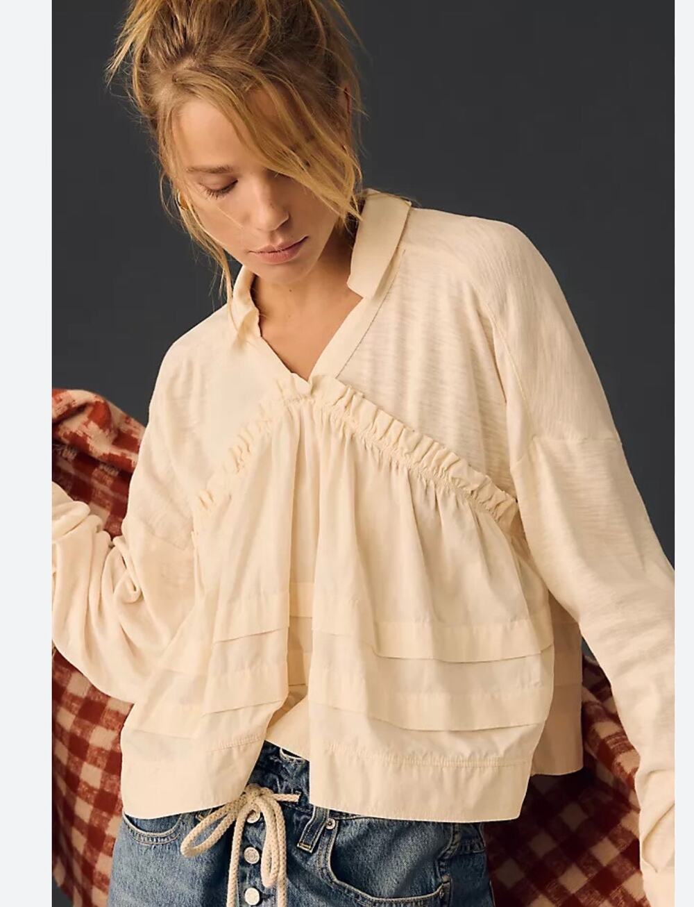 Pilcro Long Sleeve V Neck Ruffled Babydoll Top Neutral Cream L